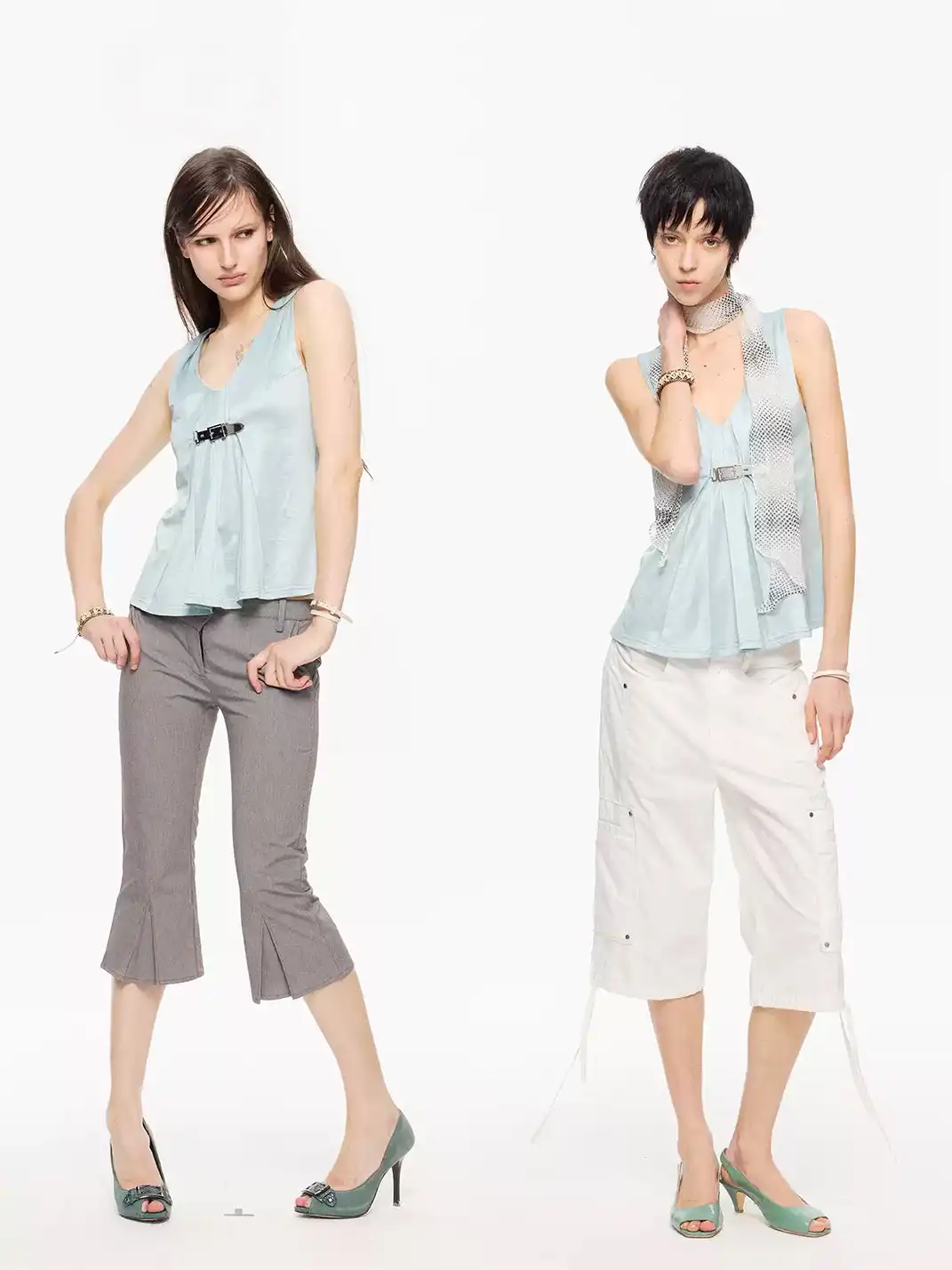 High river | Metal Buckle Ruched Satin-Textured Knit V-Neck Vest