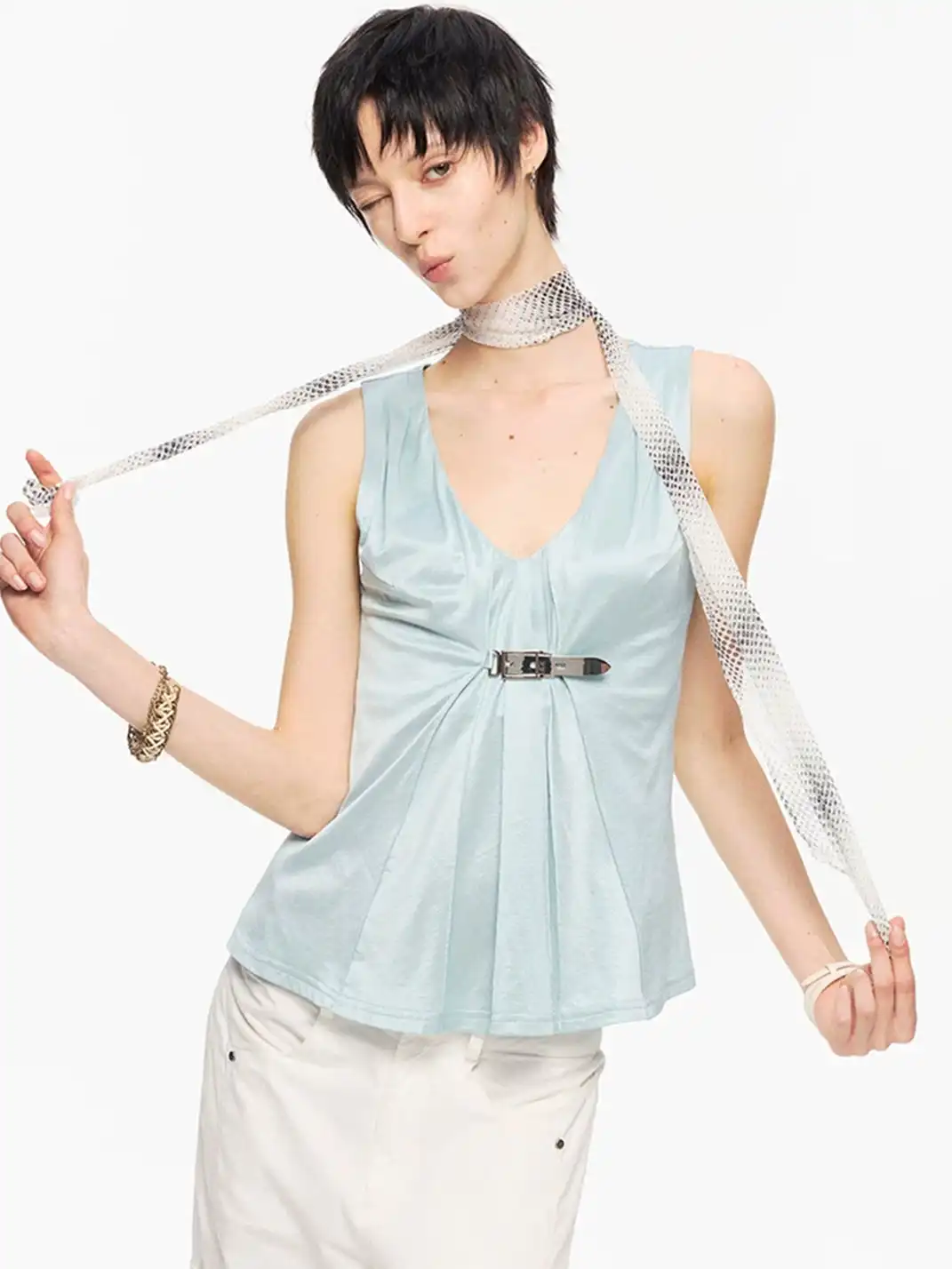 High river | Metal Buckle Ruched Satin-Textured Knit V-Neck Vest