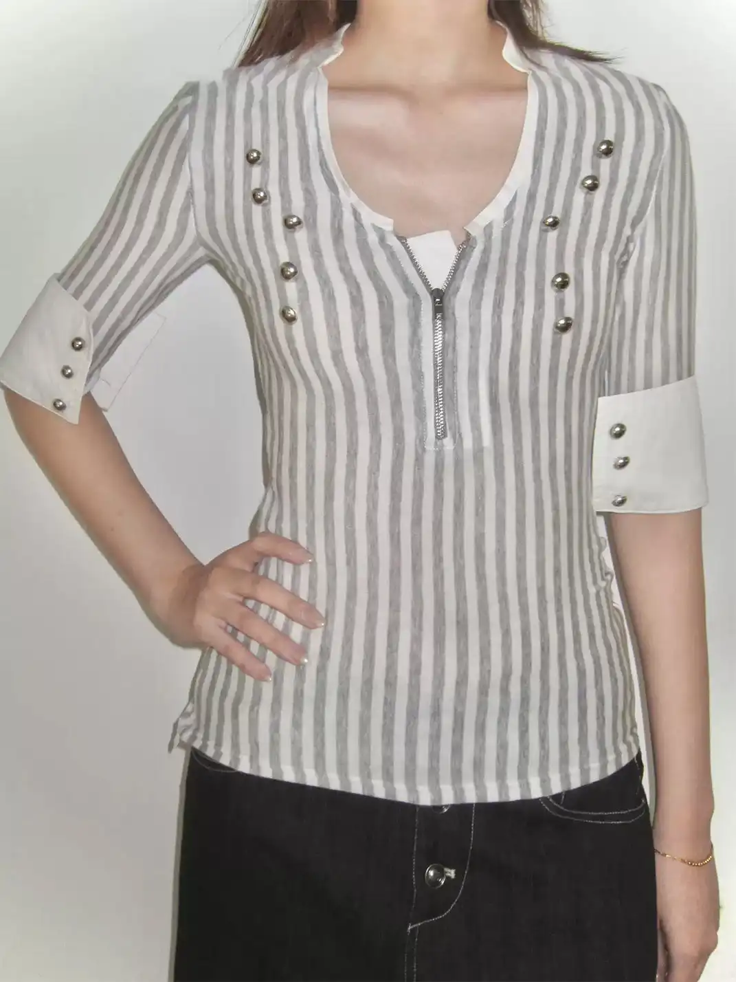 High river | Striped Knit Metal Buckle Mid-Sleeve Top