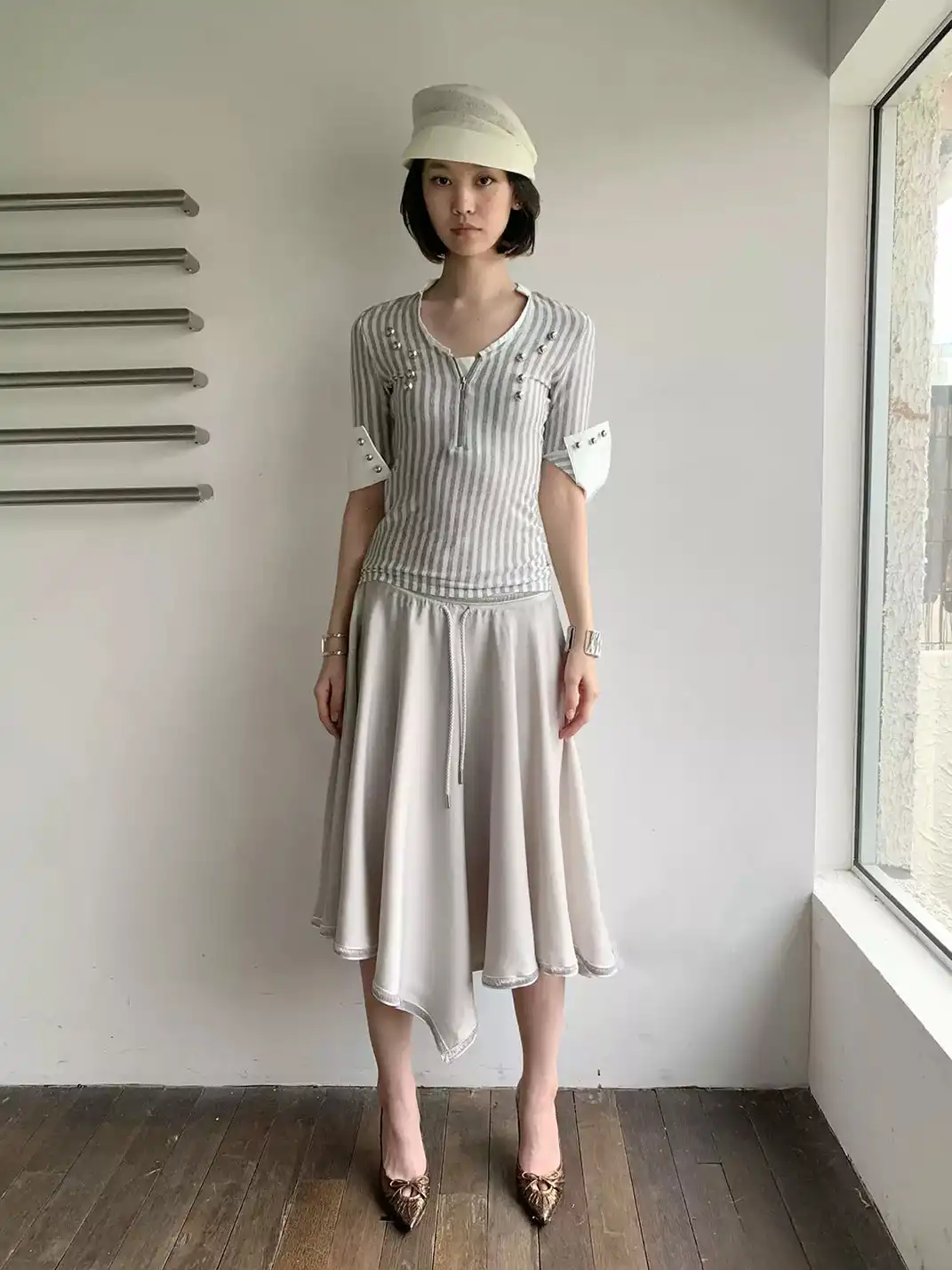 High river | Striped Knit Metal Buckle Mid-Sleeve Top