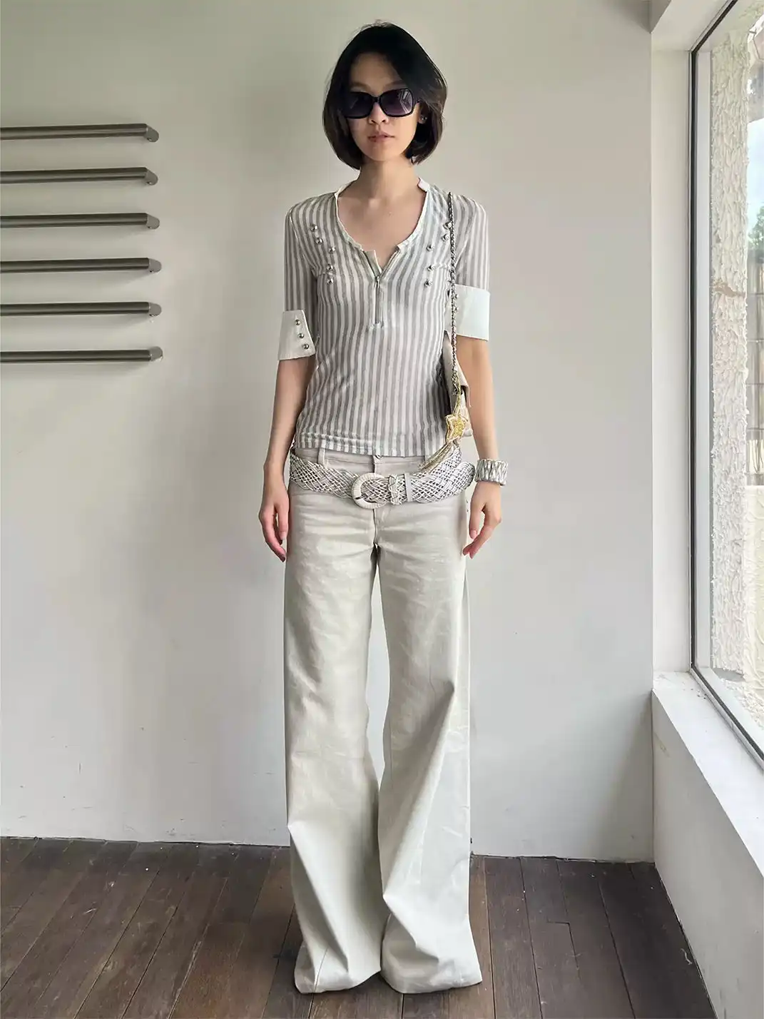 High river | Striped Knit Metal Buckle Mid-Sleeve Top