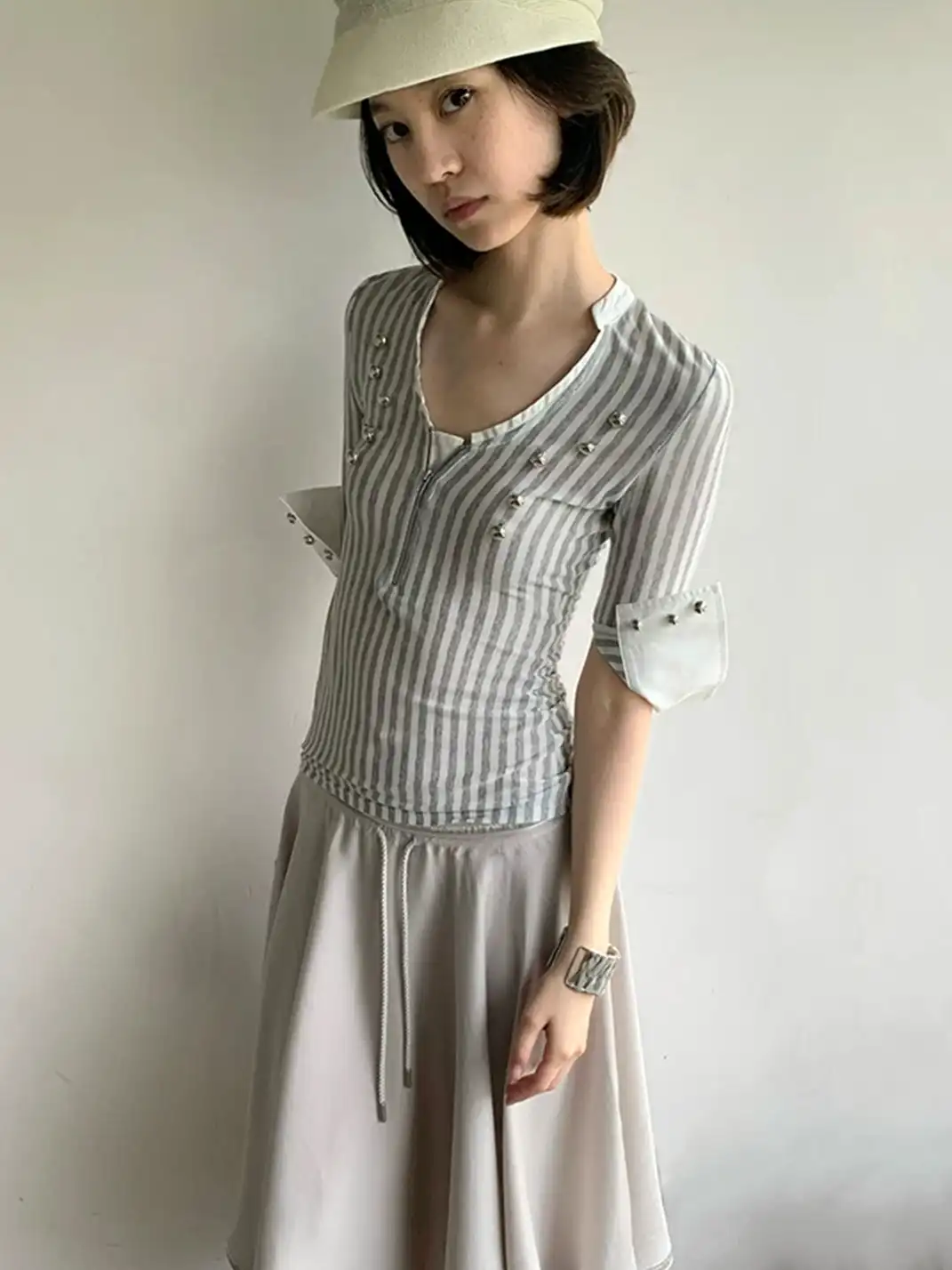 High river | Striped Knit Metal Buckle Mid-Sleeve Top