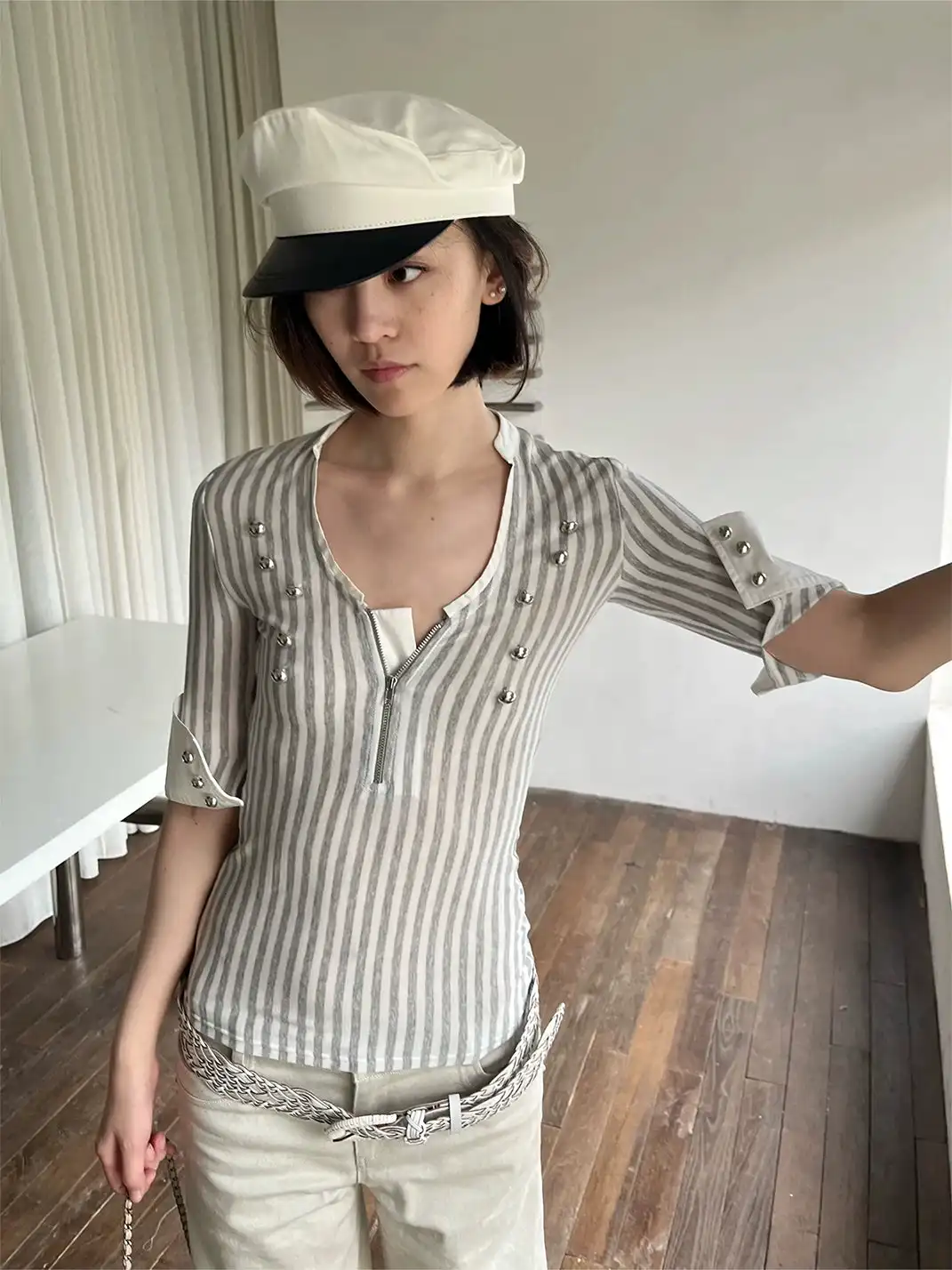 High river | Striped Knit Metal Buckle Mid-Sleeve Top