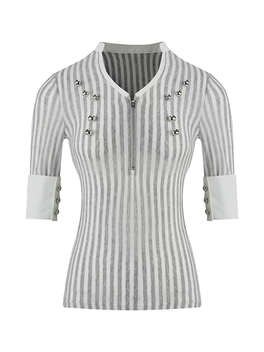 High river | Striped Knit Metal Buckle Mid-Sleeve Top