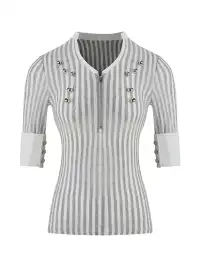 High river | Striped Knit Metal Buckle Mid-Sleeve Top