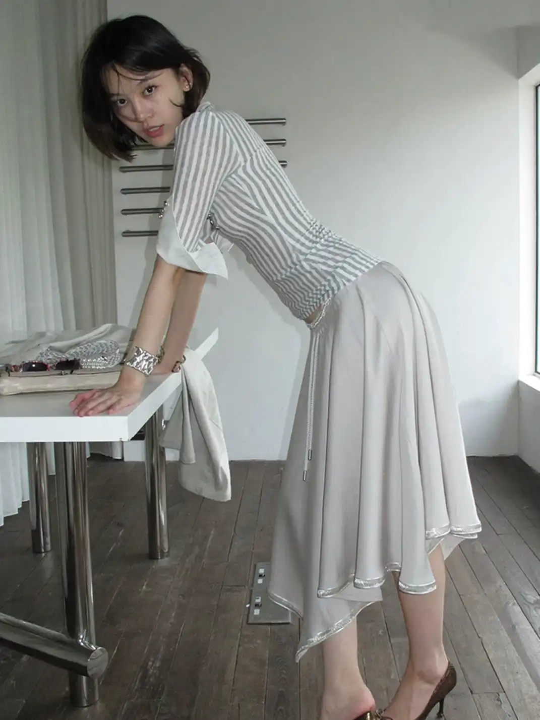 High river | Striped Knit Metal Buckle Mid-Sleeve Top