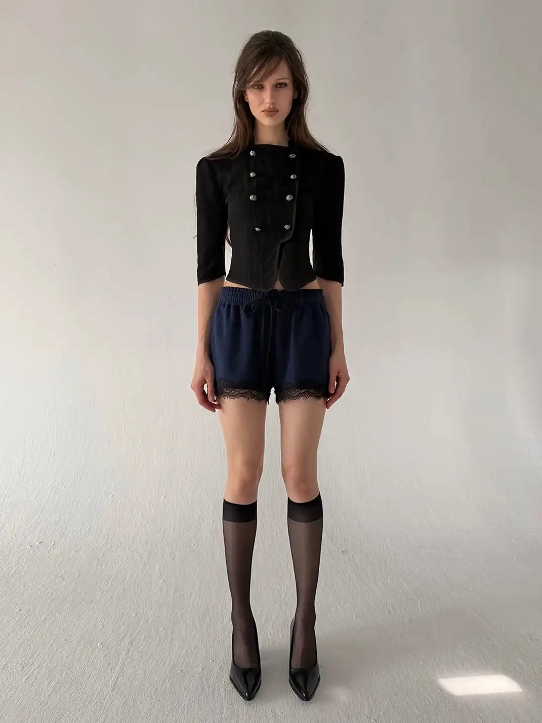 High river | Lace Patchwork Bubble Hem Elastic Waist Shorts