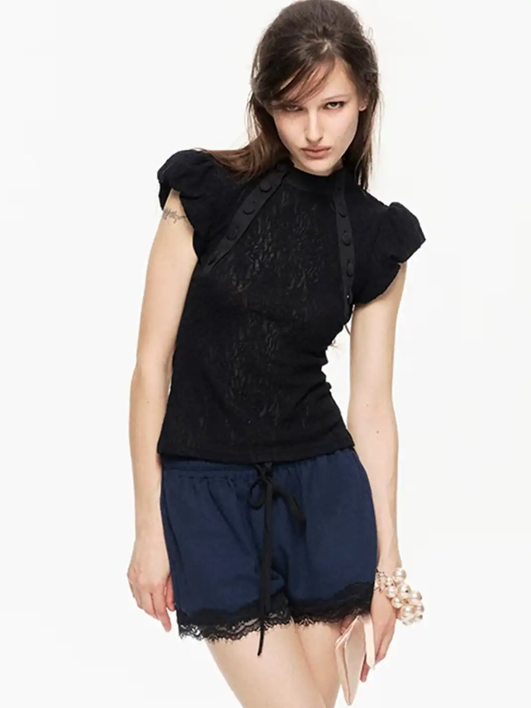 High river | Lace Patchwork Bubble Hem Elastic Waist Shorts
