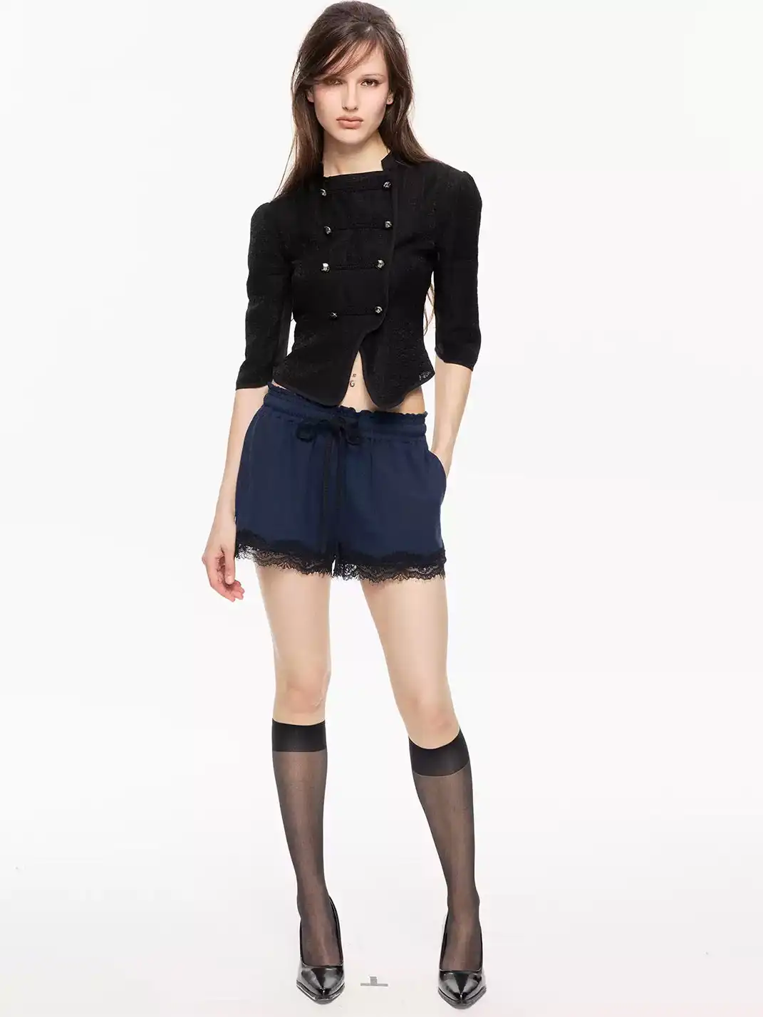High river | Lace Patchwork Bubble Hem Elastic Waist Shorts