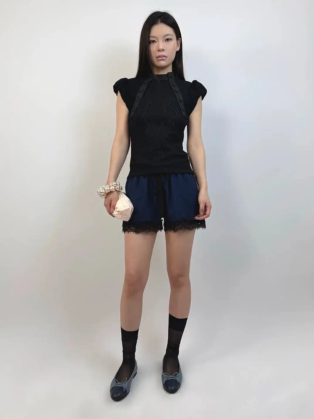 High river | Lace Patchwork Bubble Hem Elastic Waist Shorts