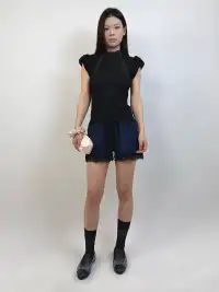 High river | Lace Patchwork Bubble Hem Elastic Waist Shorts