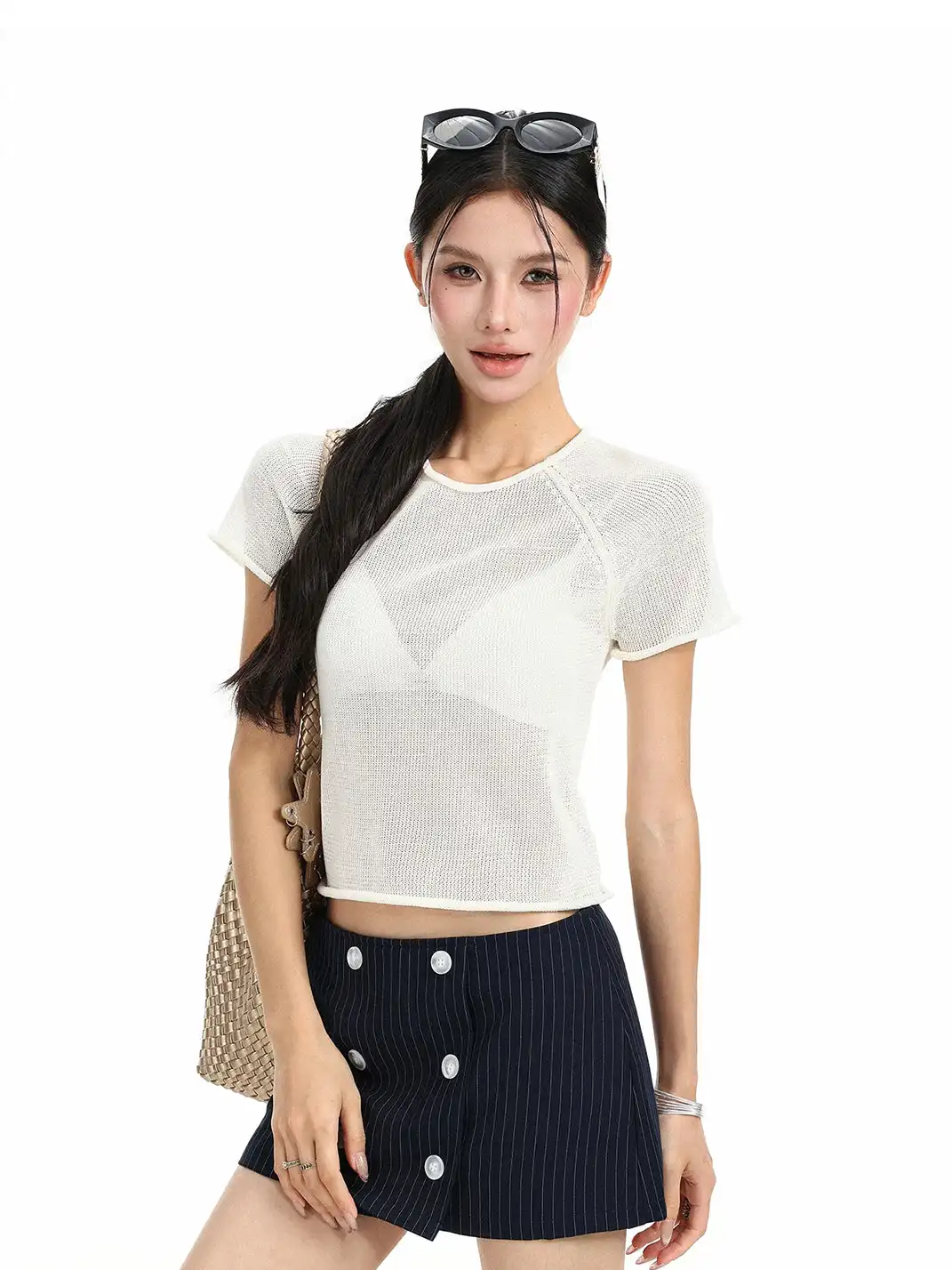 BIGGOLD | Cutout Rolled Hem Knit T-Shirt