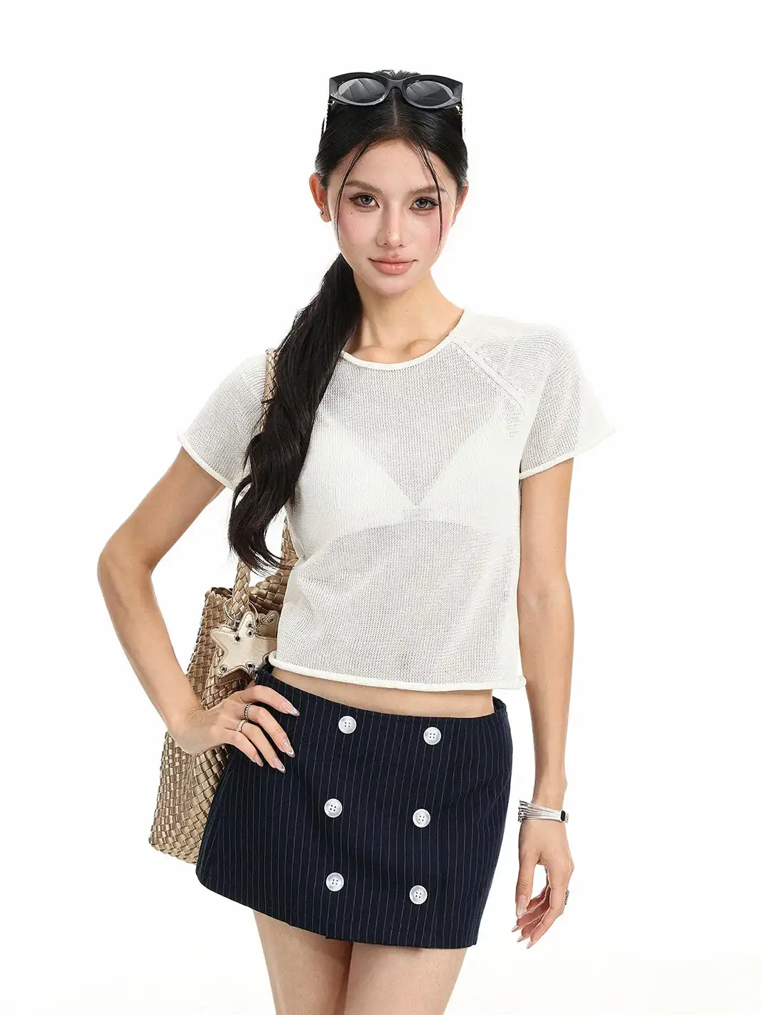 BIGGOLD | Cutout Rolled Hem Knit T-Shirt