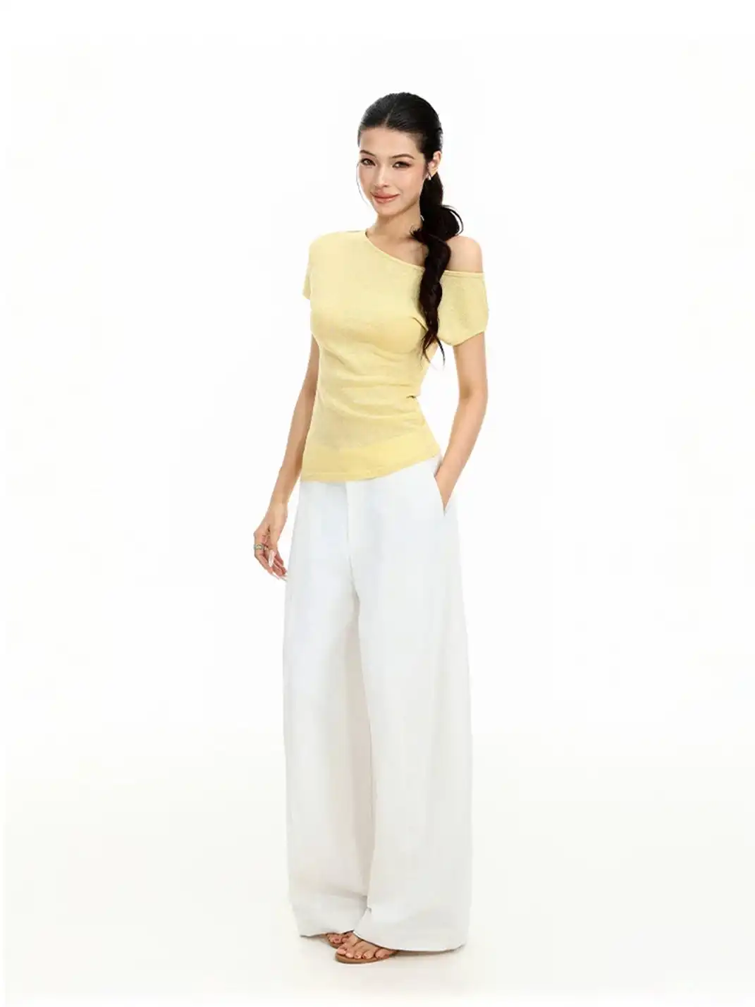 BIGGOLD | Asymmetrical Off-Shoulder Cinched Waist T-Shirt