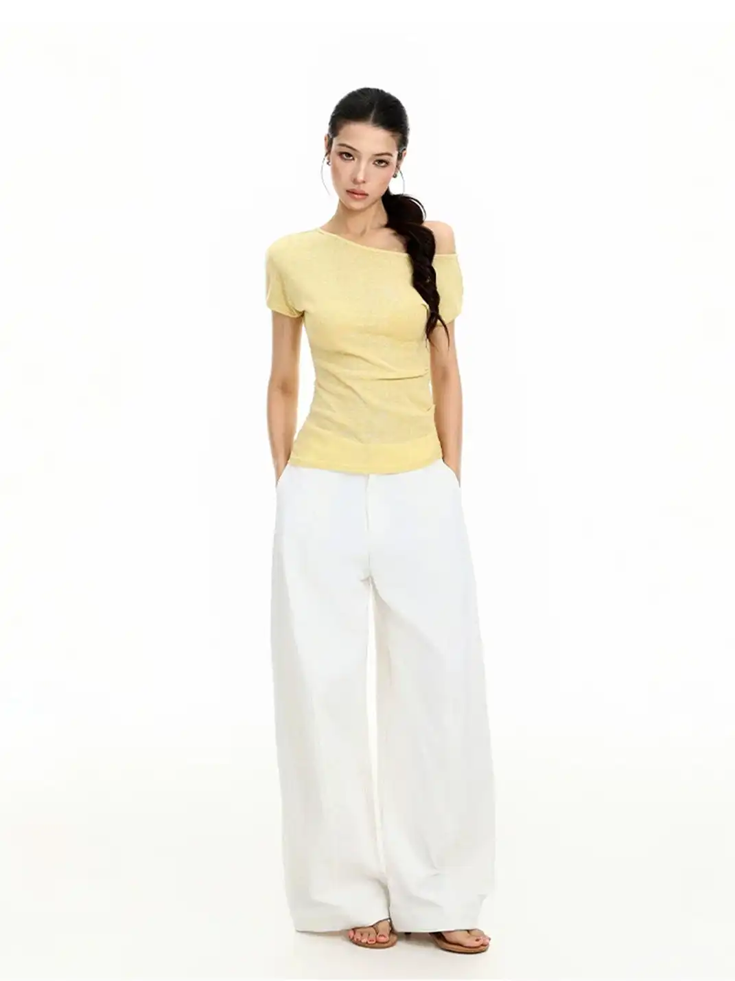BIGGOLD | Asymmetrical Off-Shoulder Cinched Waist T-Shirt