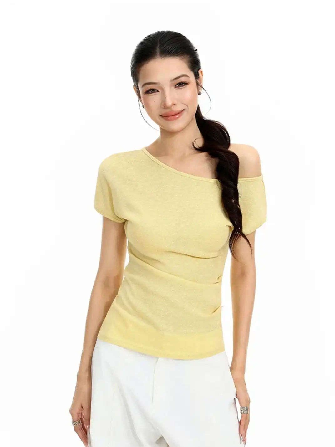 BIGGOLD | Asymmetrical Off-Shoulder Cinched Waist T-Shirt