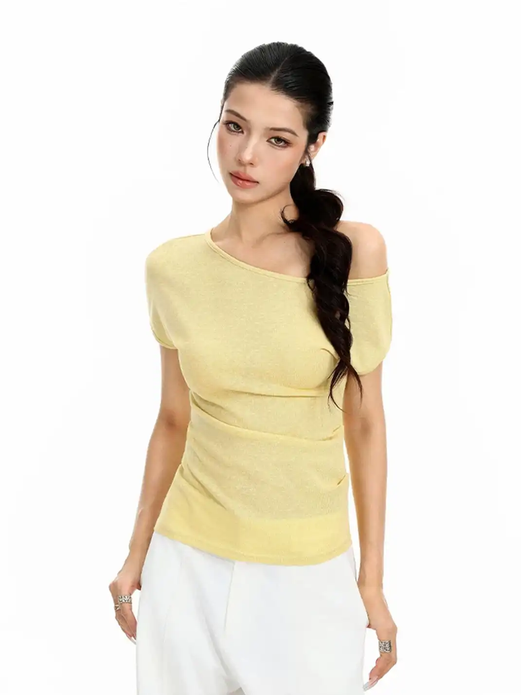 BIGGOLD | Asymmetrical Off-Shoulder Cinched Waist T-Shirt