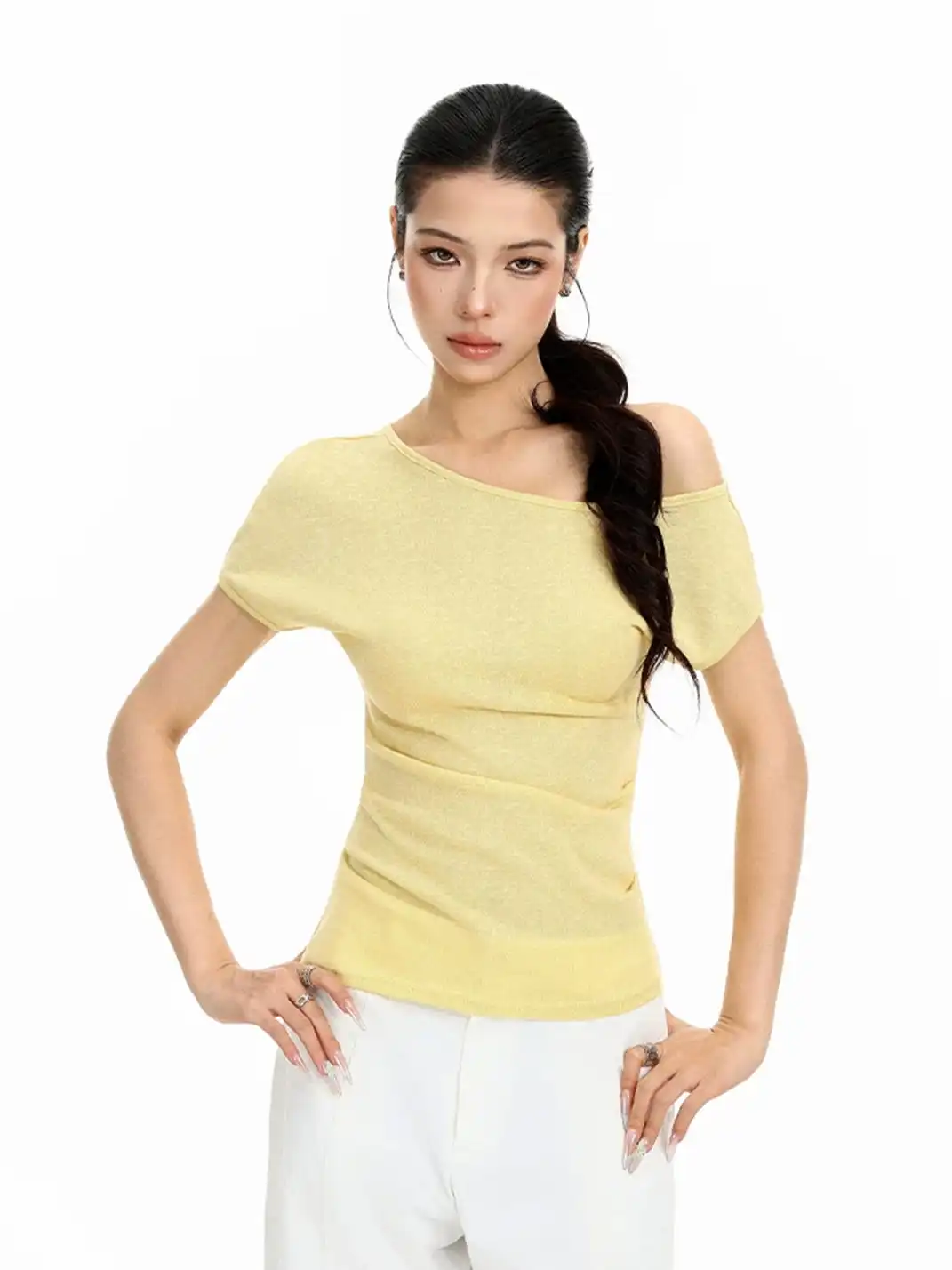 BIGGOLD | Asymmetrical Off-Shoulder Cinched Waist T-Shirt