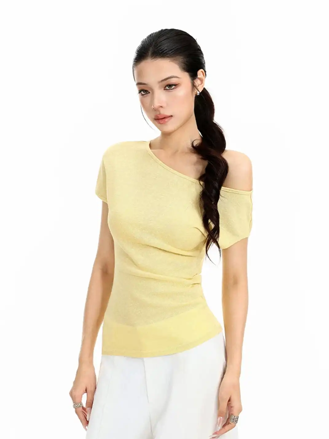 BIGGOLD | Asymmetrical Off-Shoulder Cinched Waist T-Shirt