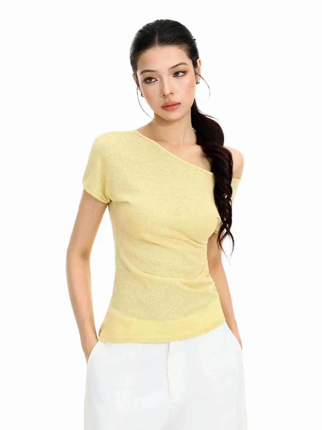 BIGGOLD | Asymmetrical Off-Shoulder Cinched Waist T-Shirt