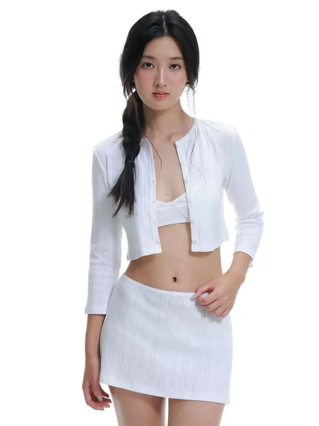 Tiny drops | Floral Knit Cardigan + Skirt + Bra Set