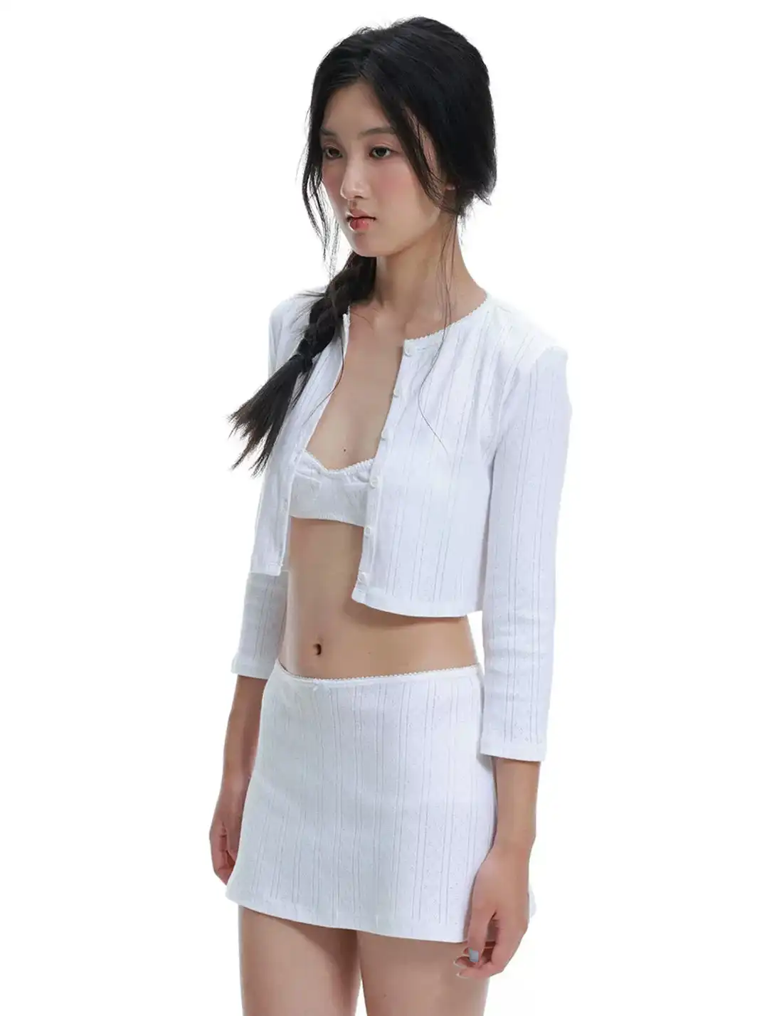 Tiny drops | Floral Knit Cardigan + Skirt + Bra Set