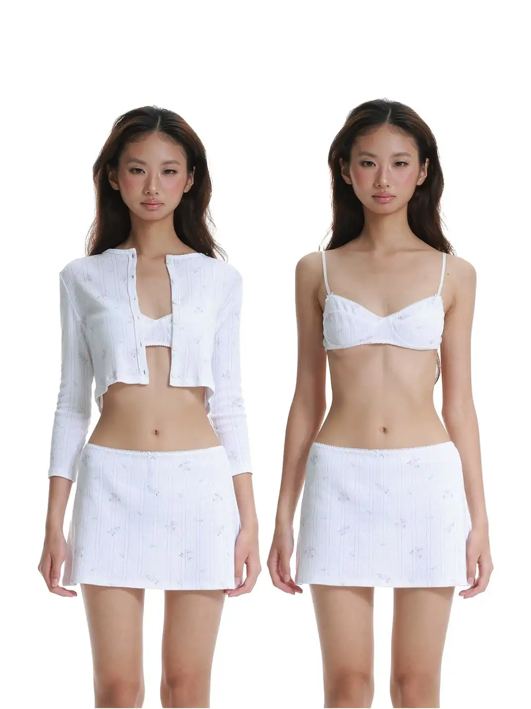 Tiny drops | Floral Knit Cardigan + Skirt + Bra Set