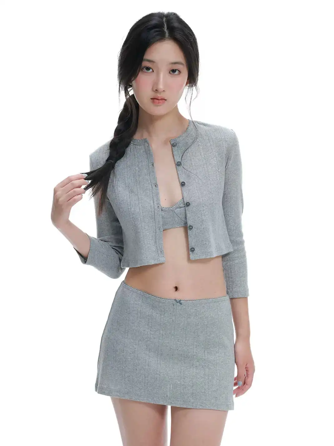 Tiny drops | Floral Knit Cardigan + Skirt + Bra Set