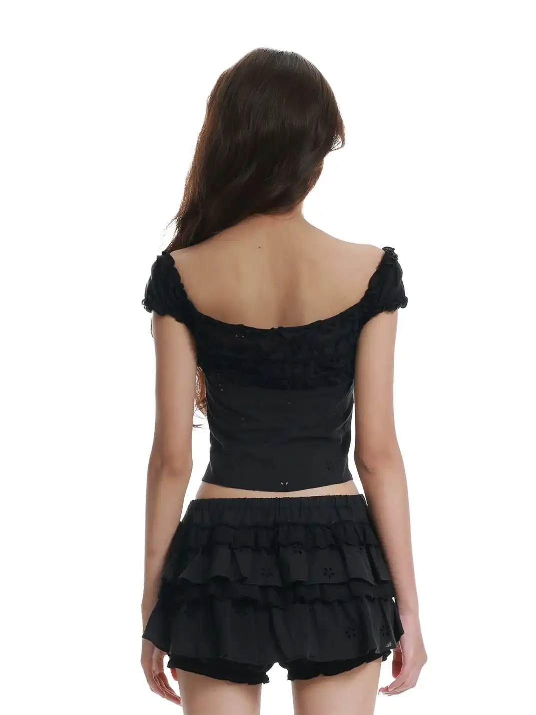 Tiny drops | Cutout Embroidery Ruched Lace Top+Mini Skirt