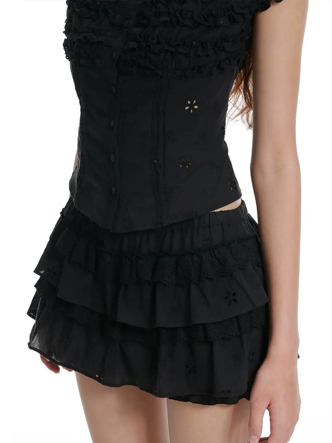 Tiny drops | Cutout Embroidery Ruched Lace Top+Mini Skirt