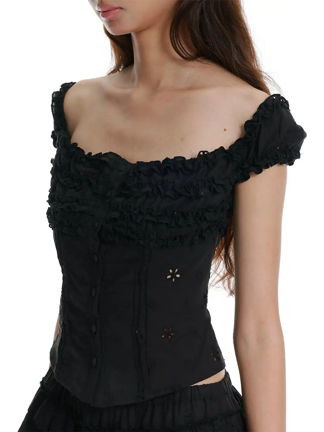 Tiny drops | Cutout Embroidery Ruched Lace Top+Mini Skirt