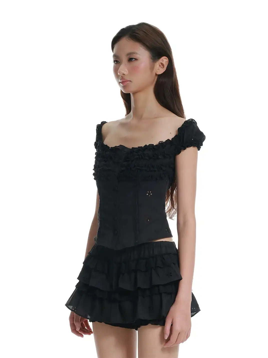Tiny drops | Cutout Embroidery Ruched Lace Top+Mini Skirt