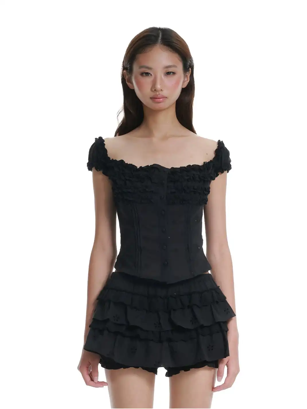 Tiny drops | Cutout Embroidery Ruched Lace Top+Mini Skirt