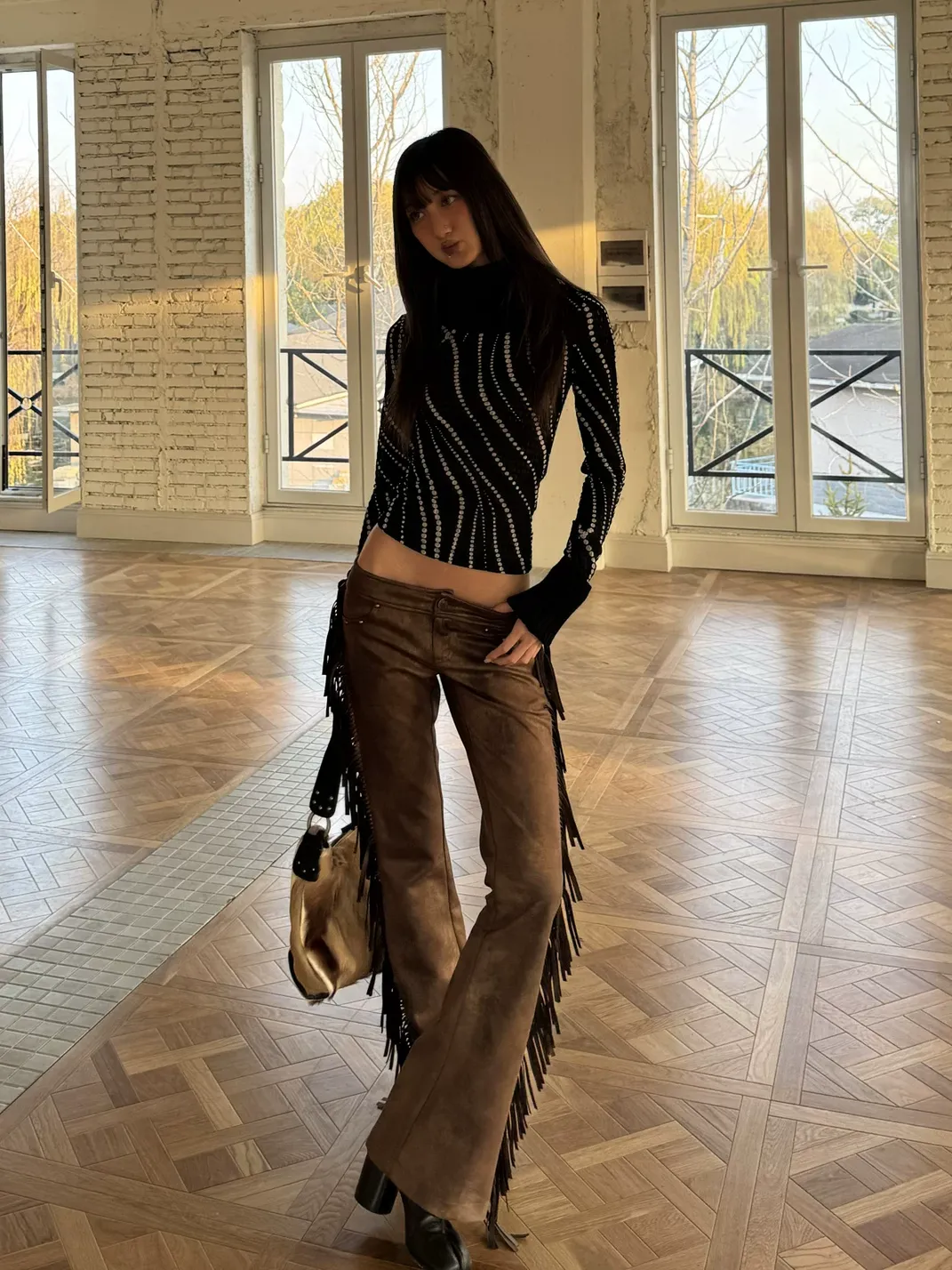 Andivogels | Low Waist Suede Gold Foil Tassel Trousers