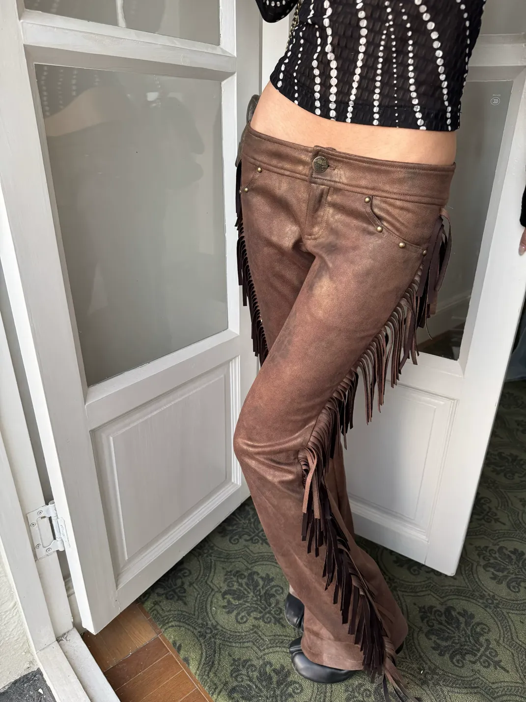 Andivogels | Low Waist Suede Gold Foil Tassel Trousers