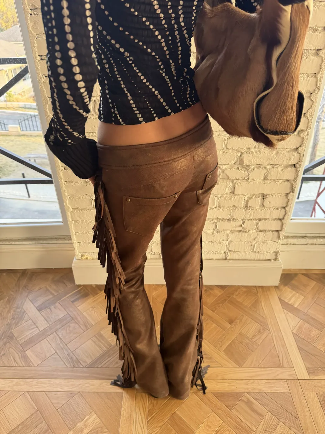 Andivogels | Low Waist Suede Gold Foil Tassel Trousers