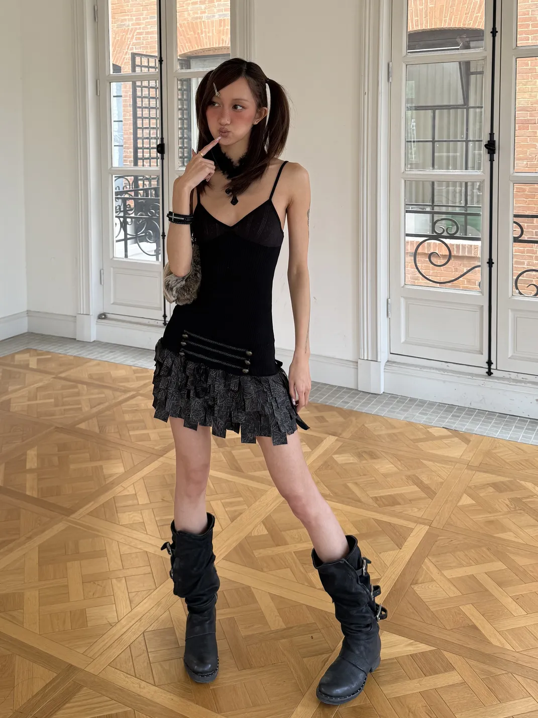 Andivogels | Knitted Spliced Gold Foil Fragment Cami Dress