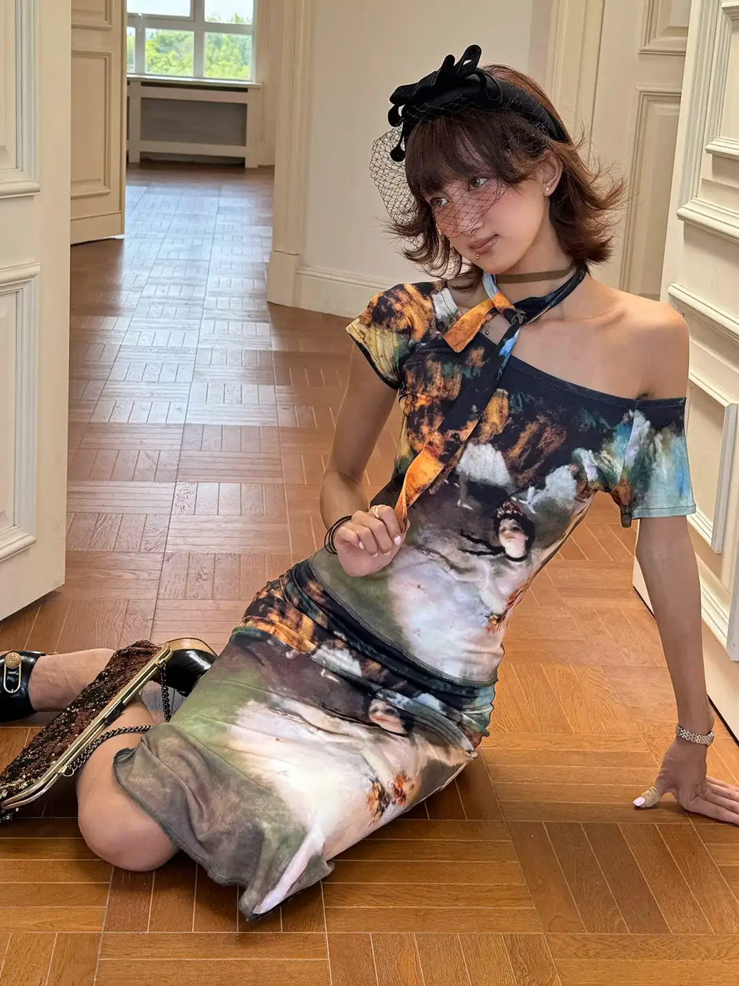 Andivogels | Printed Stretch One Shoulder Tie Short Sleeve Long Dress Set