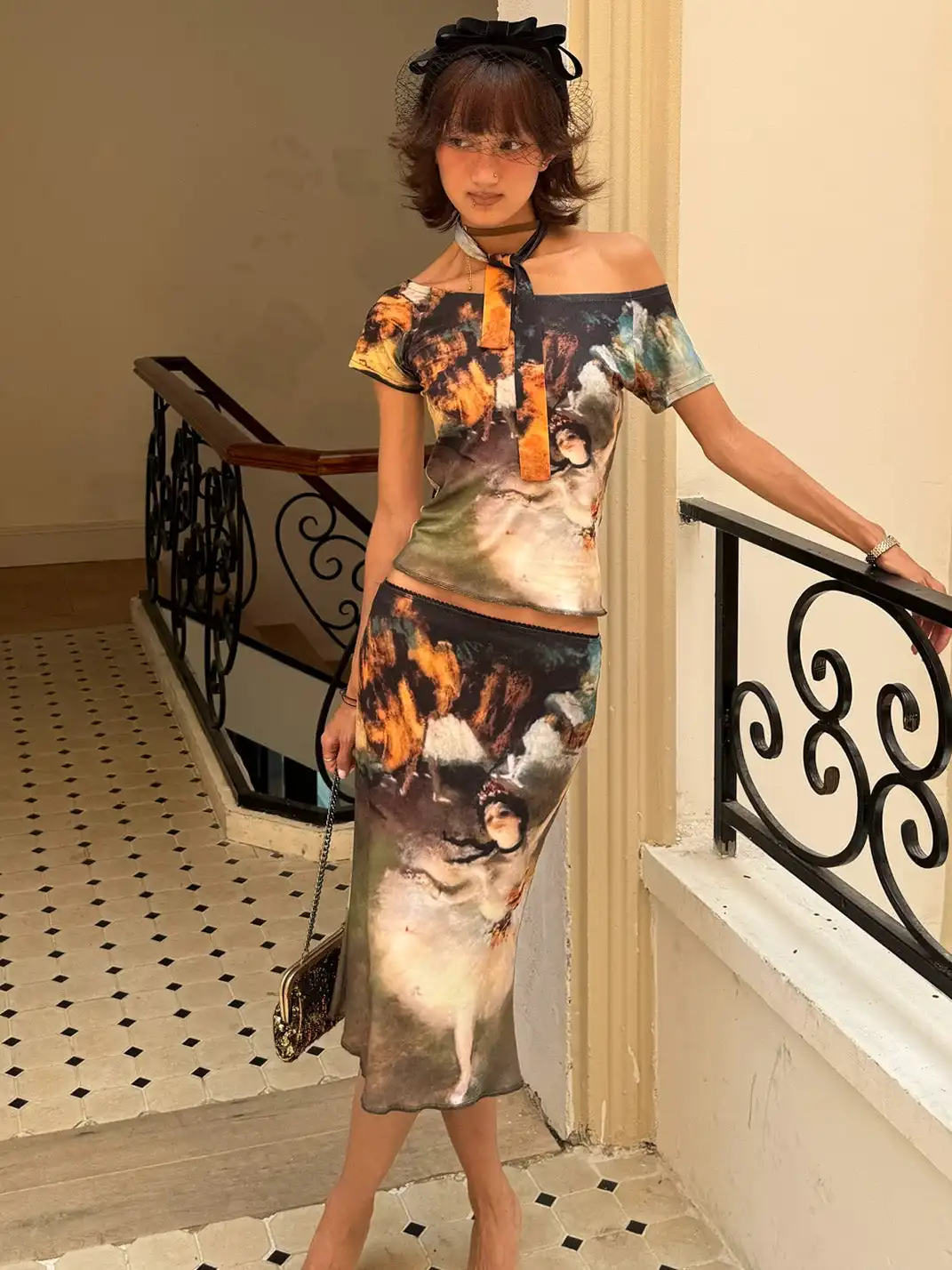 Andivogels | Printed Stretch One Shoulder Tie Short Sleeve Long Dress Set