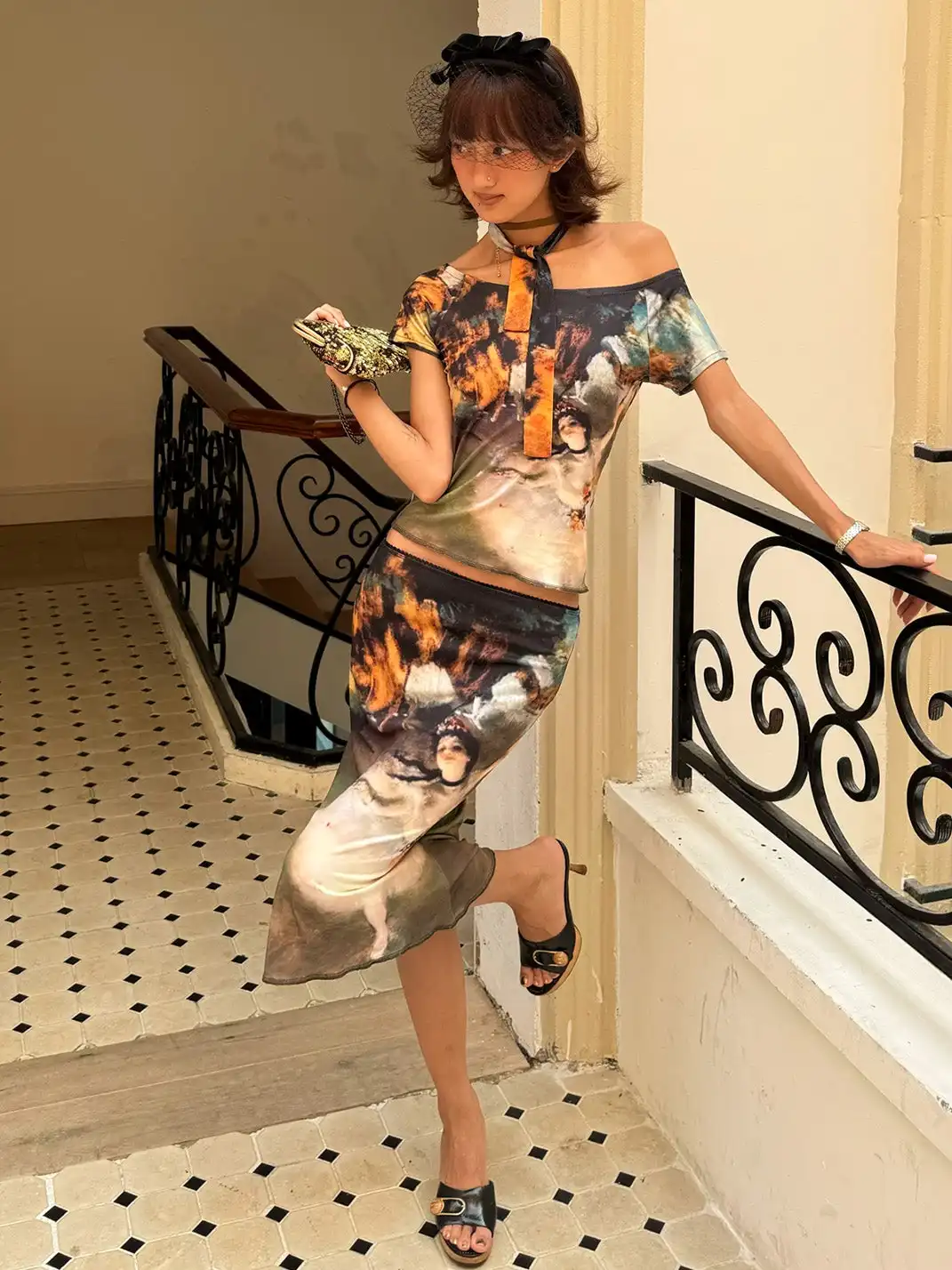 Andivogels | Printed Stretch One Shoulder Tie Short Sleeve Long Dress Set
