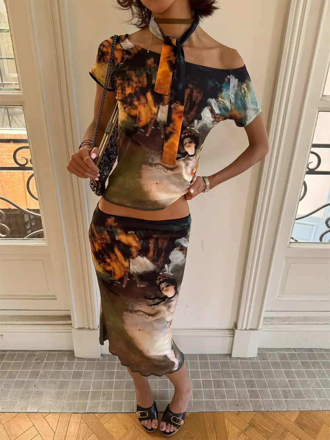 Andivogels | Printed Stretch One Shoulder Tie Short Sleeve Long Dress Set
