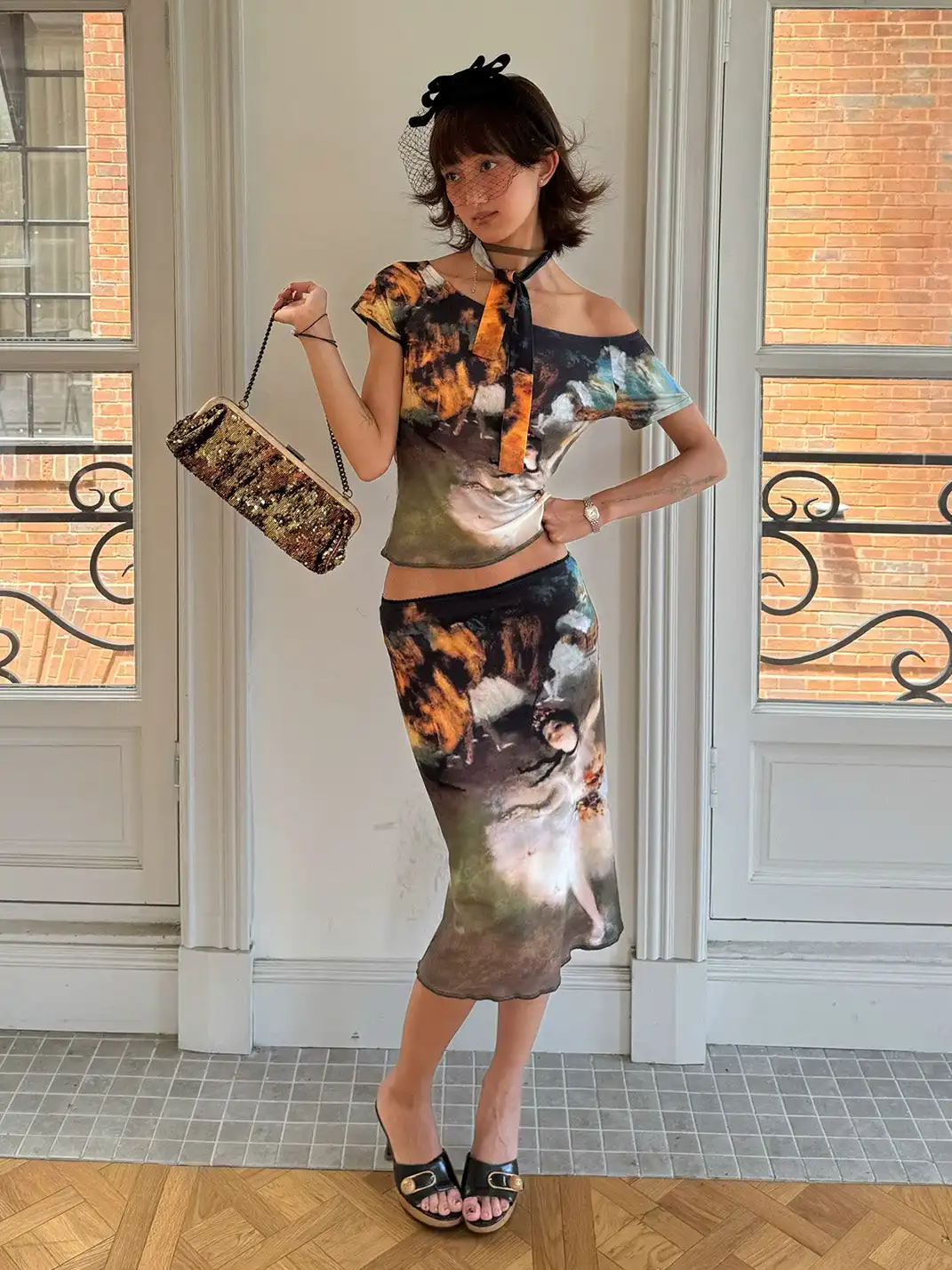 Andivogels | Printed Stretch One Shoulder Tie Short Sleeve Long Dress Set