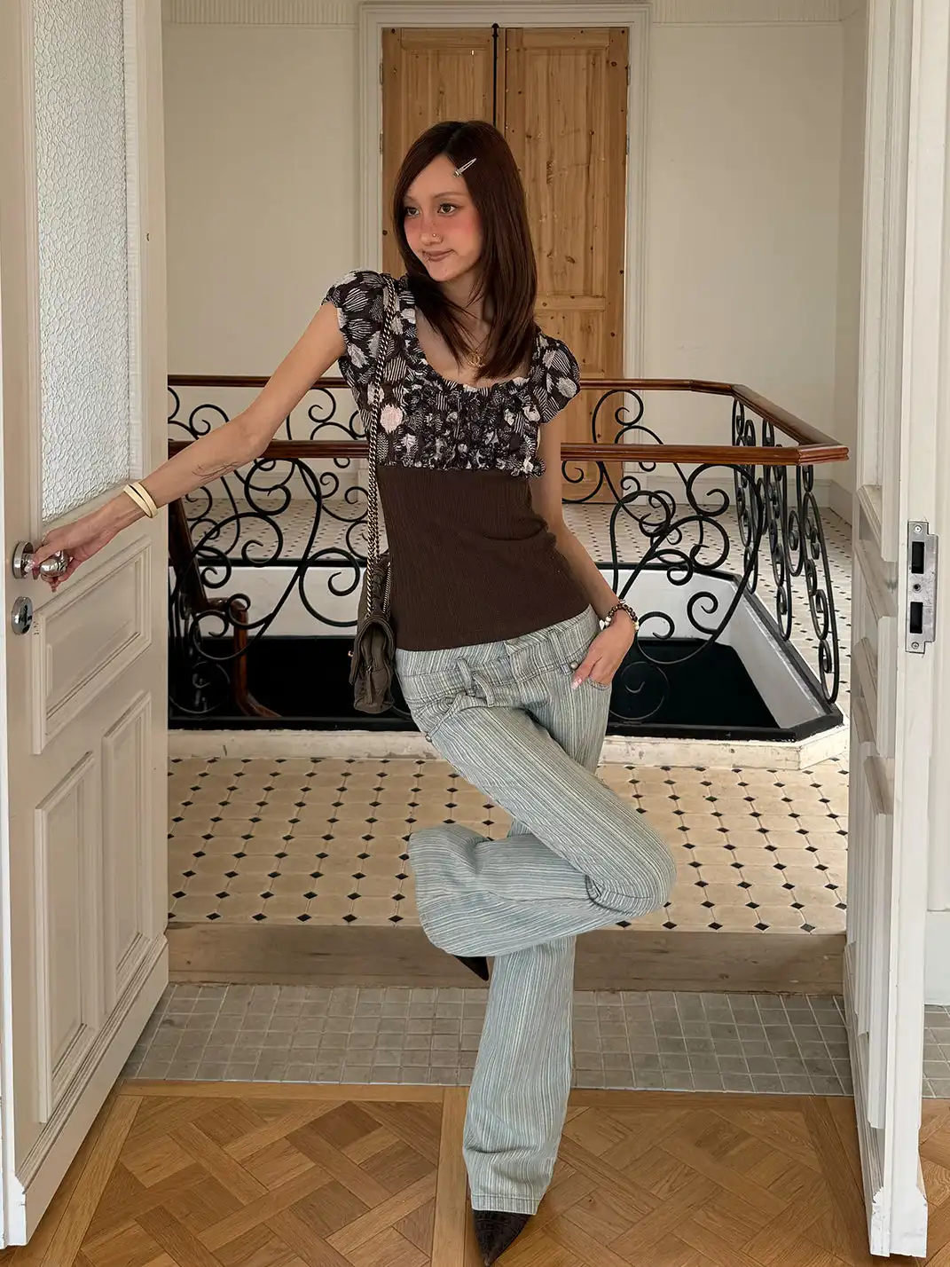 Andivogels | Striped Washed Double Waistband Low Rise Jeans