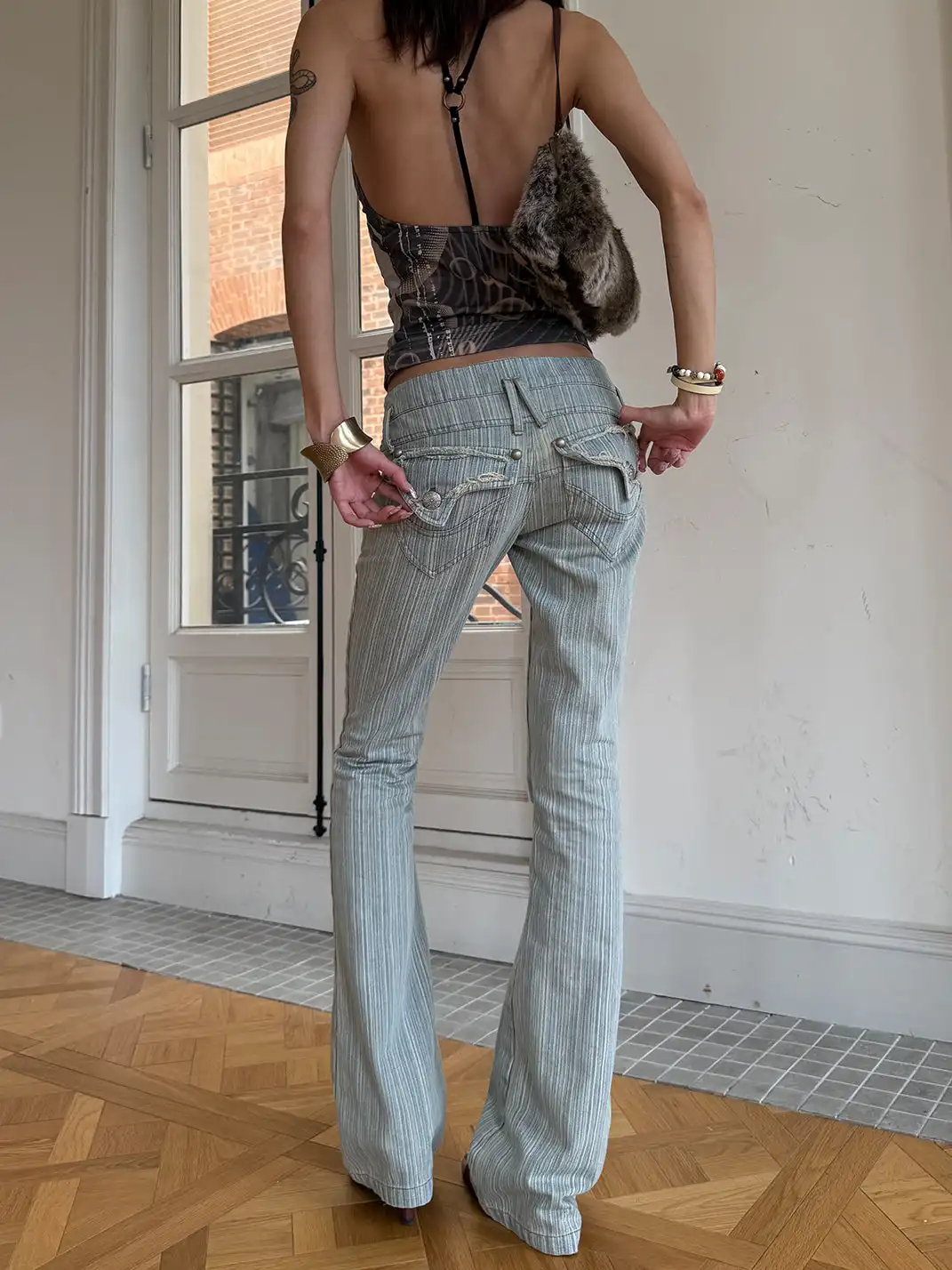 Andivogels | Striped Washed Double Waistband Low Rise Jeans