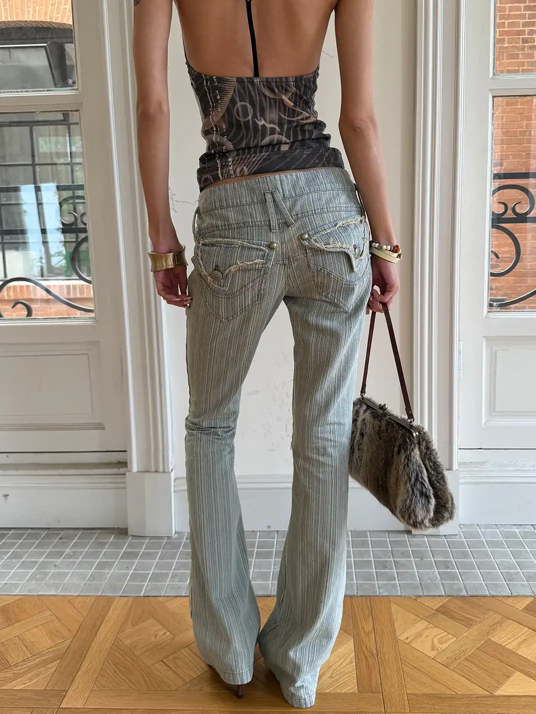 Andivogels | Striped Washed Double Waistband Low Rise Jeans