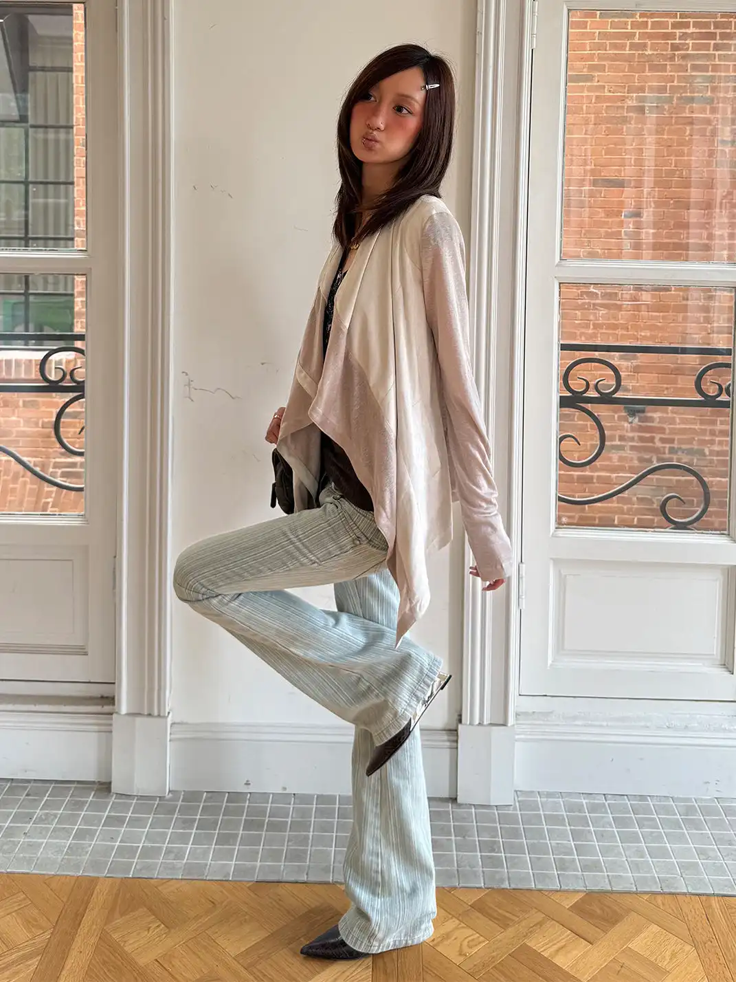 Andivogels | Striped Washed Double Waistband Low Rise Jeans