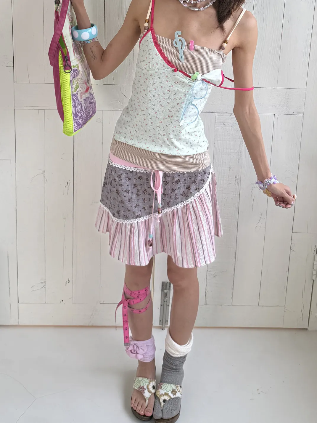 Andivogels | Floral Stripe Lace Spliced Drawstring Mini Skirt