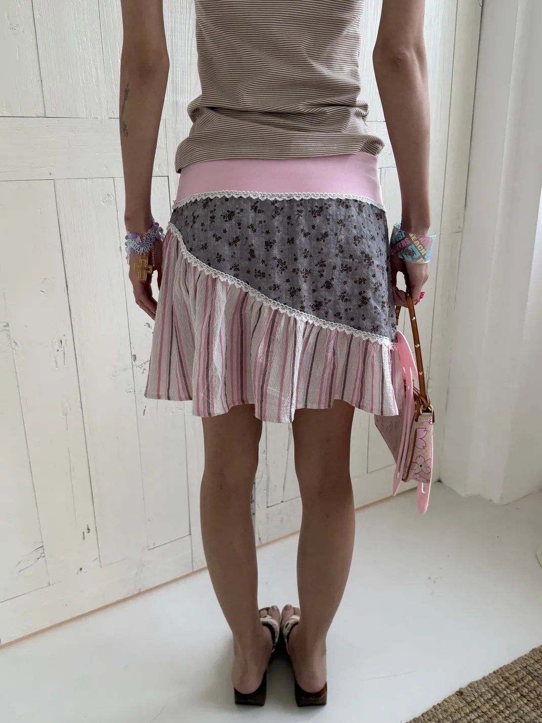 Andivogels | Floral Stripe Lace Spliced Drawstring Mini Skirt