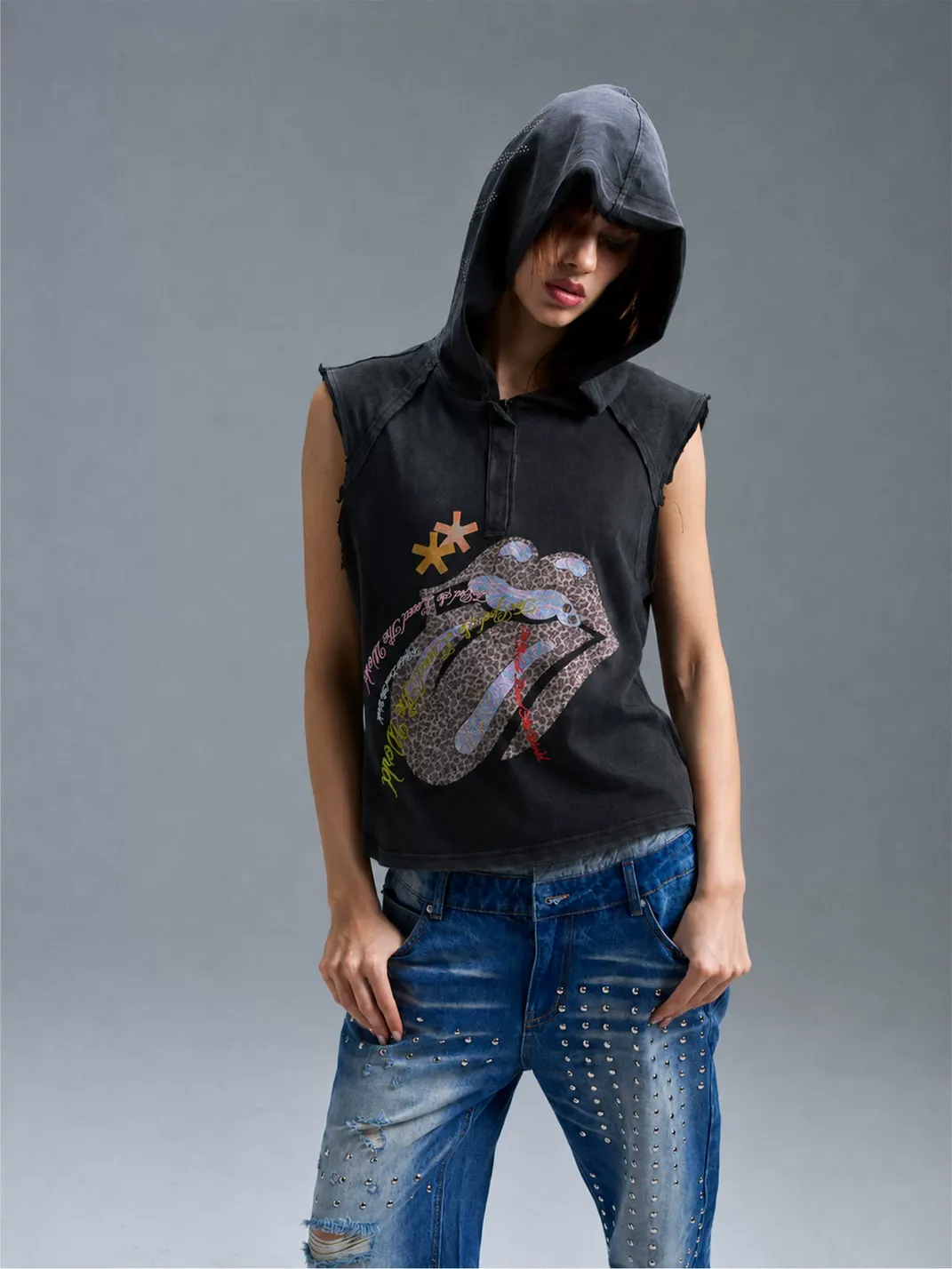 PAIKI |  Tongue Graphic Hooded Sleeveless Denim Vest