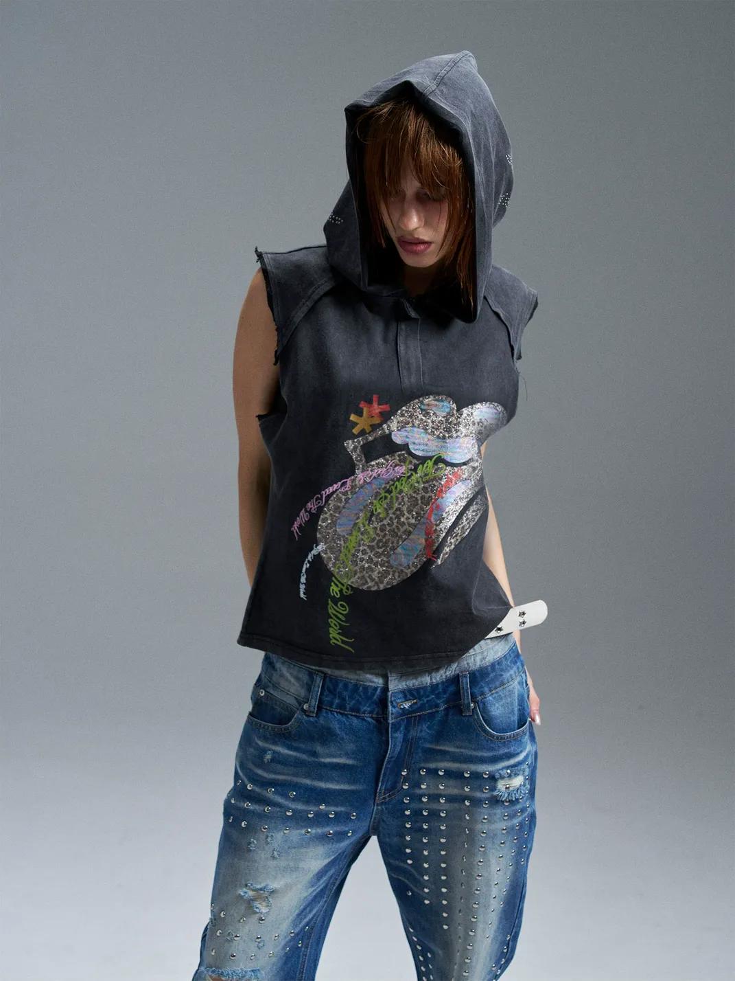PAIKI |  Tongue Graphic Hooded Sleeveless Denim Vest